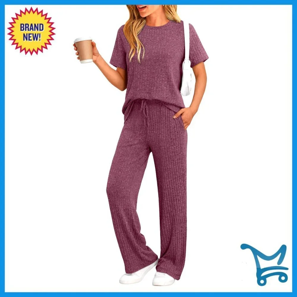 Oversized Lounge Set Ribbed Fabric Matching Tracksuit Comfortable Travel Outfit